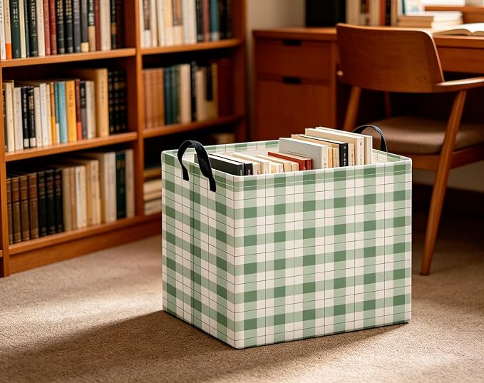 CLOCOR Rectangular Storage Bin,Waterproof Books Box,Gift Basket(Green Grid)