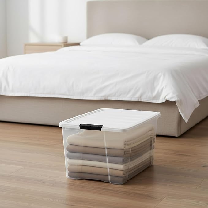 IRIS USA 72 Qt Storage Bins with Lids, 8 Pack, BPA-Free, Clear/White | Great for storing clothing, blankets, moving supplies, garage gear, and seasonal household items.