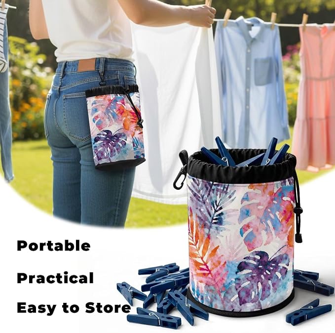 Tropical Leaf Clothespin Bag Holder Outside, Hanging Clothes Pin Bag with Drawstring Closure, Large-Capacity Clothespin Storage Organizer with Hooks
