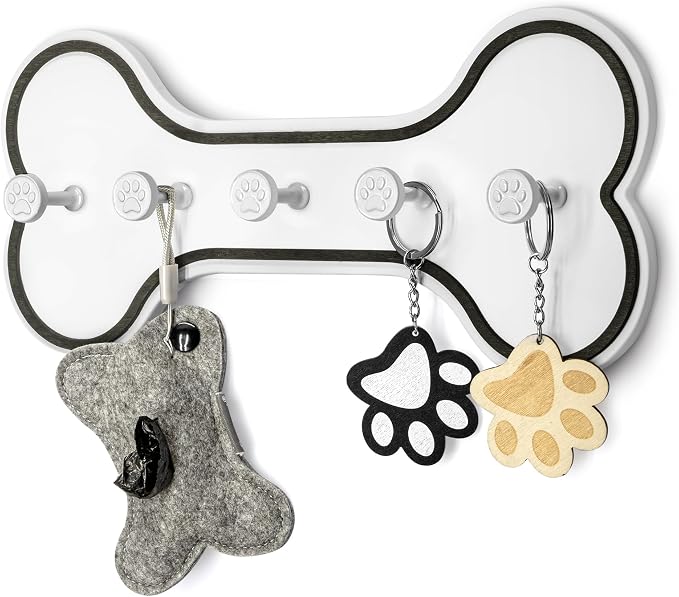 MTERSN Dog Leash Holder for Wall with Bone Shape, Entryway, Black & White
