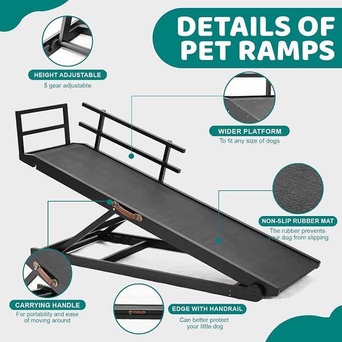 Dog Ramp for Bed & Couch, Foldable Wooden Pet Ramp, 5 Adjustable Heights | Height up to 31", Portable Dog Ramp with Non-Slip Rubber Surface & Safety Railings, Pet Ramp for Small, Large, Senior Dogs