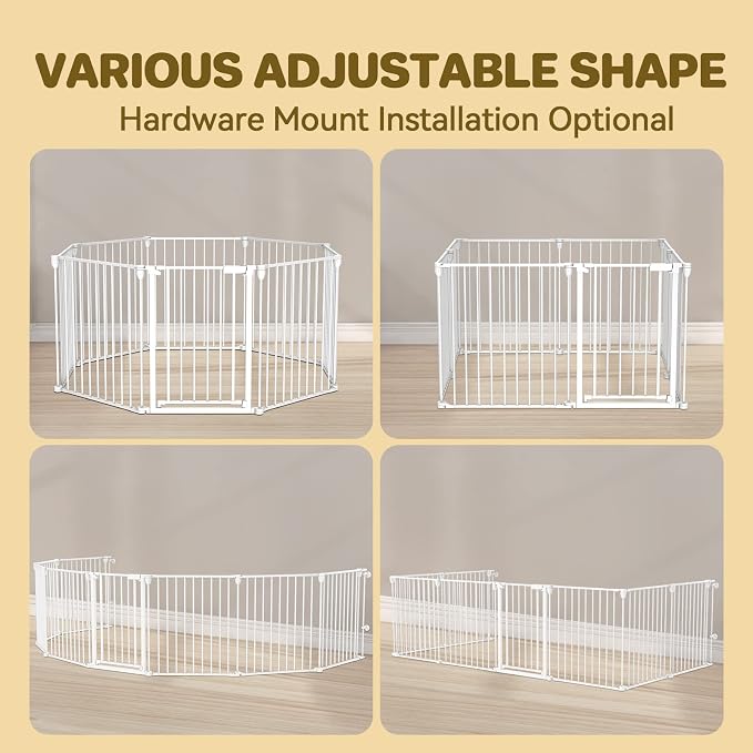 Kfvigoho Dog Gate 27.5"-199" Extra-Wide Playpen, Freestanding Pet Gate | Puppy Fence with Auto-Close Door, Double Locking System for Fireplace, Foldable White, 8 Panels