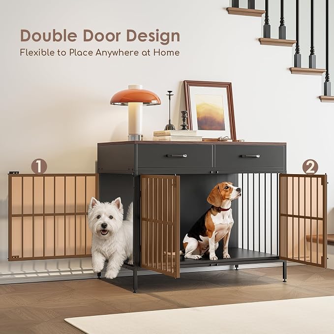 XL Dog Crate Furniture, 39.4" Heavy-Duty Dog Kennel with 2 Storage Drawers | Chew Proof & Escape Proof Dog Cage,Double Door with Secure Latch, Furniture-style Wooden End Table, Adjustable Non-slip Feet