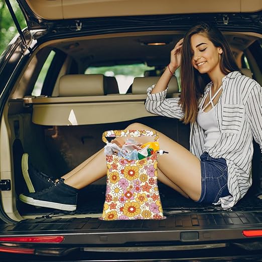 Small Flowers Strap Drawstring Car Trash Bag Hanging Garbage Bag with Snap Buttons Car Back Seat Trash Storage Portable Dustbin Vehicle Trash Can Bag for Vehicle Travel Camping