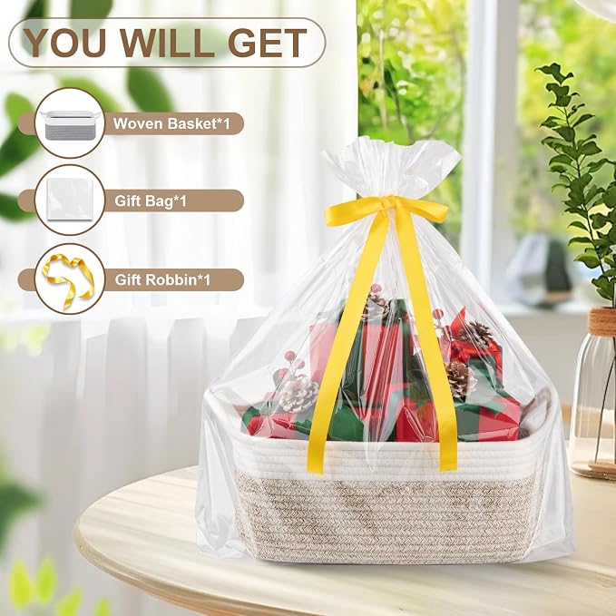 OIAHOMY Woven Basket, Gift Basket Empty with Gift Bags and Ribbons, Rope Baskets for Baby Showers, Storage Baskets with Handles for Nursery, Pet Toy Organizer - Brown & White