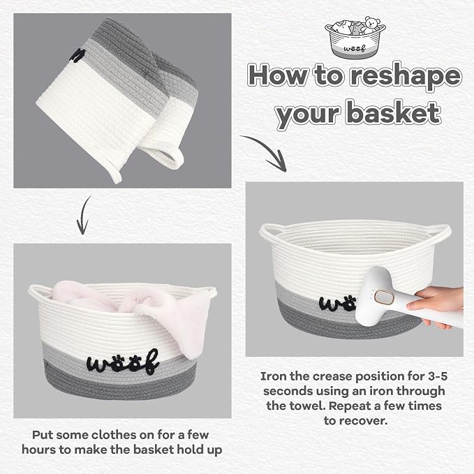 Dog Toy Basket Cute Basket for Baby, Woven Basket Toy Box and Bin for Pet Cat, 15" X 10" X 9" (22L) Large Rope Basket for Blanket Storage, Living Room, Bedroom, White Gray