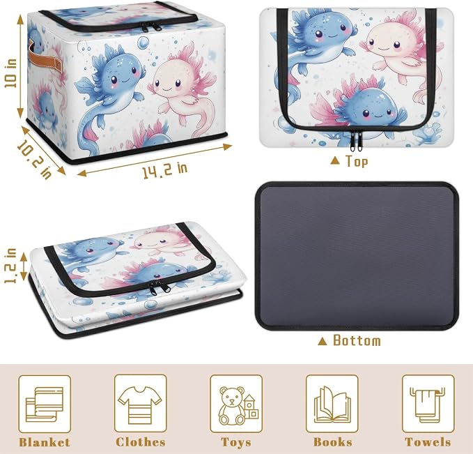 Ocean Axolotls Storage Bins With Zipper Lid, Trunk Organizer, Car Organizers and Storage Bins with Lids, Decorative Storage Boxes with Handle, Home Storage Baskets for Organizing