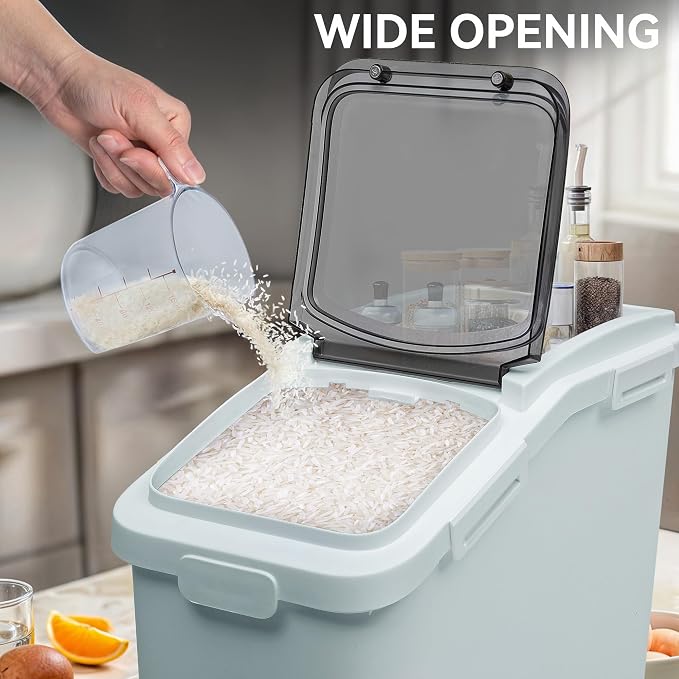 YITAHOME Ingredient Storage Bin, Large Commercial Rice Container with 11.4 Gallon Capacity, Bulk Flour Bin with Wheels, Scoop, Lid, and Scale for Kitchen,2count, Grey