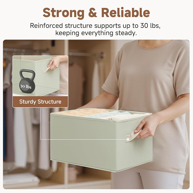 StorageWorks Closet Storage Bins, Light Green, Large, 3-Pack | Storage Baskets for Shelves, Closet Organizers and Storage Basket, Fabric Clothes Organizer with Leather Handles