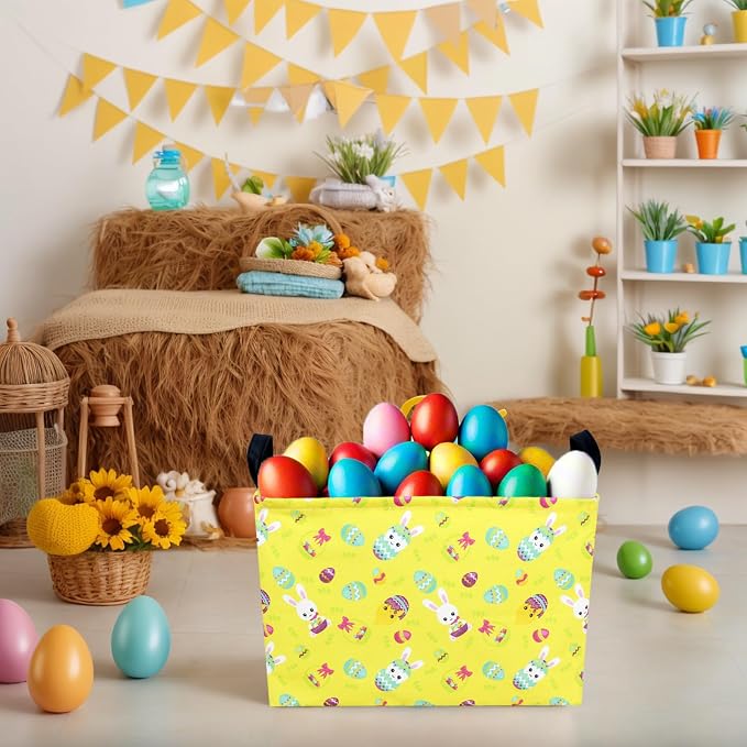 Large Empty Easter Basket for Kid Yellow Fabric Personalized Bunny Eggs Easter Gift Basket for Boy and Girl (Rabbit Chicken)