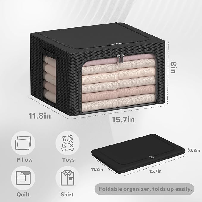 CYhom 3Pack Frame Storage Box - Clothes Storage Bin Bags Oxford Fabric Foldable Stackable Container Organizer Set with Clear Window & Carry Handles (Black, Small-22L)
