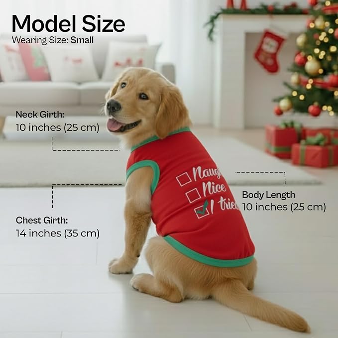 Parisian Pet Dog Christmas Tshirt - Embroidered “ Naughty Or Nice “ Dog Shirt - Lightweight Cotton Puppy Christmas Outfit - Sleeveless Funny Pet Clothes - Shirts for Small Dogs - XXS