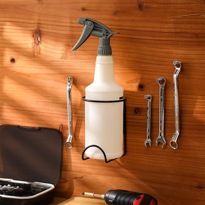 CroBlissful 2 Pcs Spray Bottle Holders Wall Mount Heavy Duty Rack, Black | Metal Rack for Garage Laundry Workshop, Includes Mounting Hardware, Space Saving Storage Organizer, Holds Bottles Securely