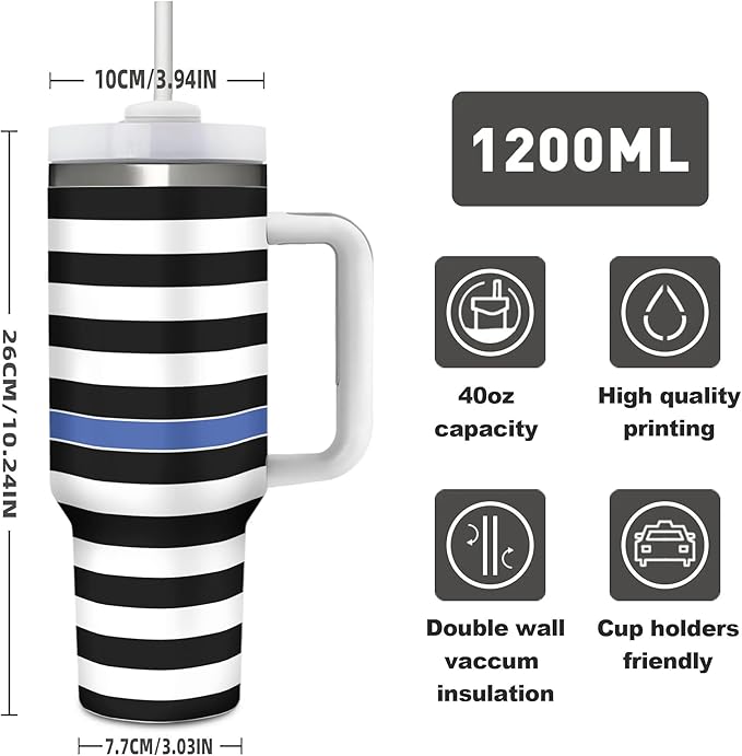 40 OZ USA Line Flag Tumbler with Handle, Thin Blue Double Wall Stainless Steel Travel Coffee Mug with Straw Lid, Insulation and Cooling Cup for Christmas Birthday Present