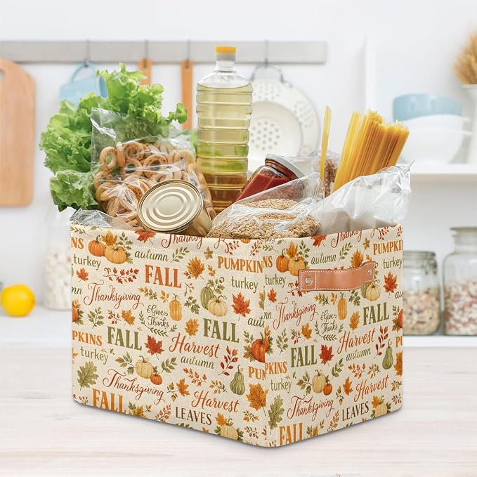 Fall Autumn Basket Storage Bins Rectangle Canvas Basket Cube Storage Box | Nursery Foldable Basket with Handle for Kids Girls Boys Toys Living Room Closet Organizer Shelf Gifts Thanksgiving Pumpkin