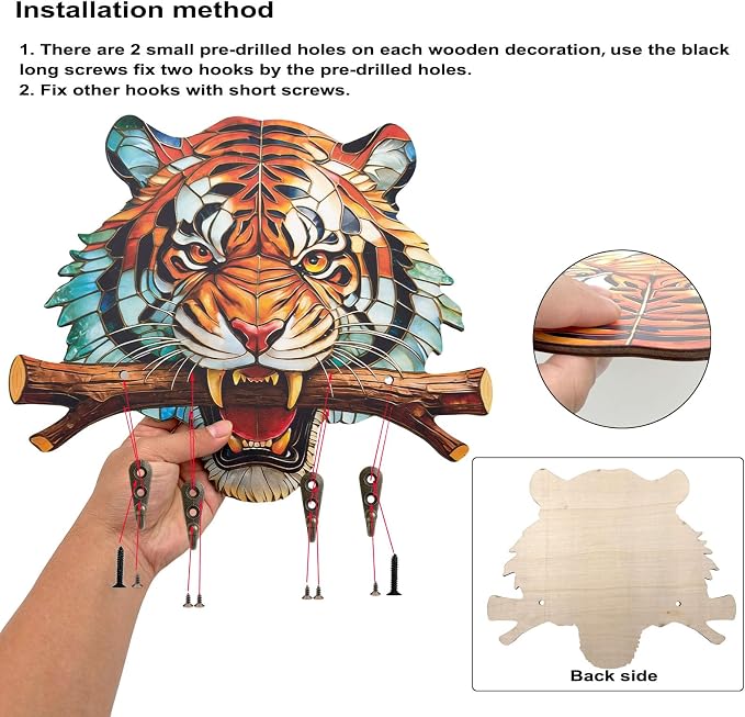 Goodangie00 13.8" Wooden Wall Art Decor with 4 Rustic Hooks, Creative Tiger Design Key Holder Wall Mount for Entryway, Bathroom, Kitchen, Bedroom, Clothes, Collars, Leashes, Home Decor