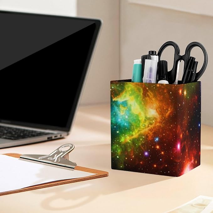 Pen Pencil Holder for Desktop, Pu Leather Stationery Organizer Colorful Rainbow Galaxy Square Pencil Cup Office Accessories Container Box