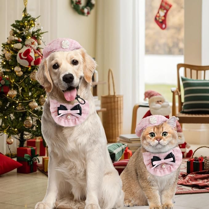 HOWWFALY 2PCS Cat Beret Hat with Small Camellia, Adjustable Satin Bowtie Bandana Scarf Set Pet Princess Costume for Halloween Christmas, Cat Dog Birthday Party Apparel (Pink Bow)