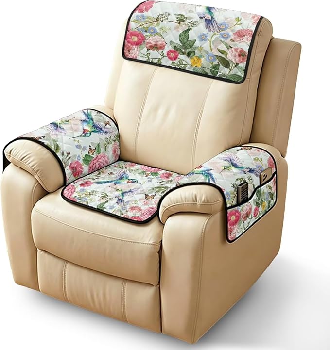 4-Piece Non Slip Recliner Chair Cover Hummingbird | Quilted Recliner Chair Covers with Pockets Floral Furniture Covers for Recliners Lazy Boy Sofa Armchair,Scratch Resistant