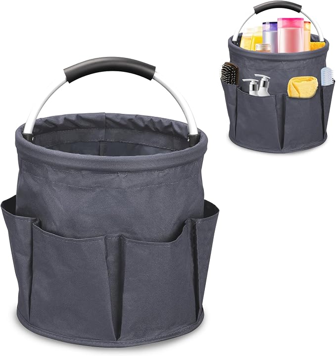 17L Portable Cleaning Bucket Organiser, 6 Pockets Foldable Cleaning Caddy with Handle Wearable Cleaning Caddy Bag for Outdoor Camping Garden Harvest Basket Home Bathroom Storage (Dark Gray)