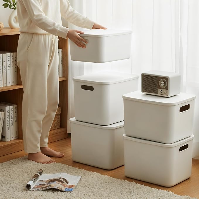 ANMINY White Plastic Storage Bins Baskets with Lids, 12-Pack, 2XL+4L+2M+4S | Large Plastic Bins, Sturdy PET, with Handles, Stackable, Opaque Storage Boxes, for Closet Shelves Desk, White Lids