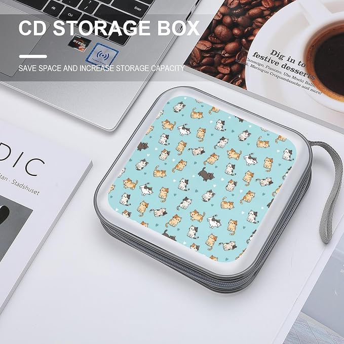 DVD Storage for 40 Movies, Cute Cat Blue Hard Plastic CD DVD Disc Cases | Disc Holder Organizer Binder, Cute Cat Blue, Portable for Travel Home Office