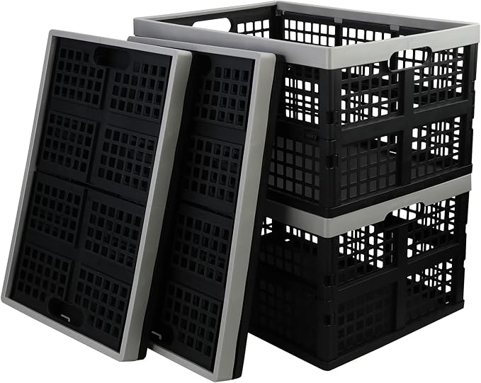 Sandmovie 42 Liter Plastic Stackable Collapsible Crate, 4 Pack | Folding Crates Storage