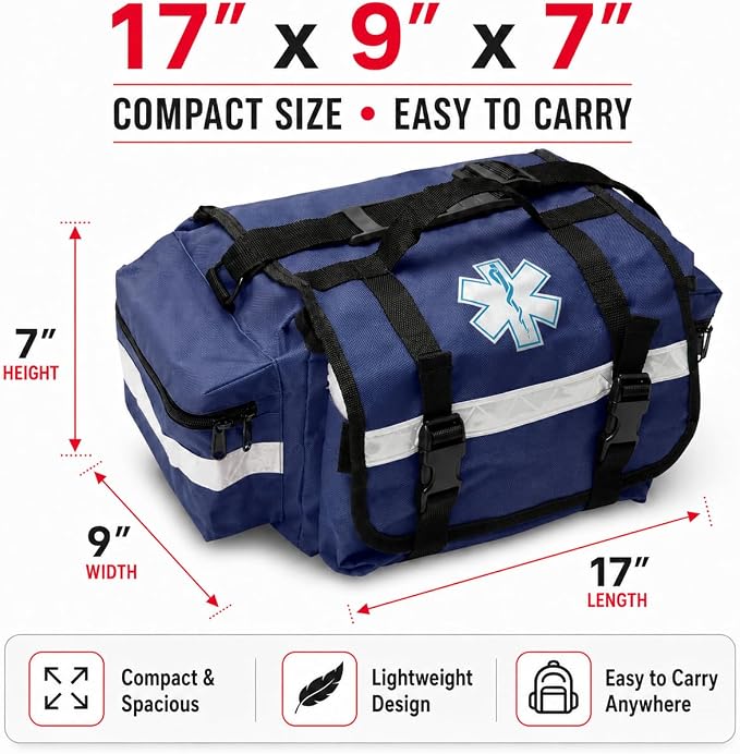 NOVAMEDIC NM-RO63P Professional First Responder Bag, 17” x 9” x 7” Empty EMT Trauma Kit Carrier with Removable Dividers, Reflective Strips, Water-Resistant Base for Emergency Medical Supplies (Blue)