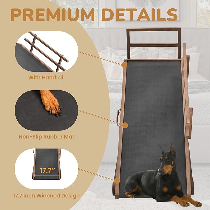 Dog Ramp for Bed & Couch, Foldable Wooden Pet Ramp, 5 Adjustable Heights | Height up to 23.5", Portable Dog Ramp with Non-Slip Rubber Surface & Safety Railings, Pet Ramp for Small, Large, Senior Dogs