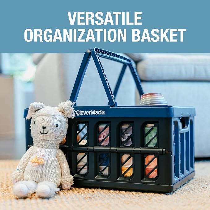CleverMade Collapsible Shopping Basket, 24L Storage Crate, 1 Pack, Stone | Keep Groceries Upright in the Car | Rigid Walls Carry 25 lb Each, Stack Securely, and Fold to 2.25 Inches for Storage