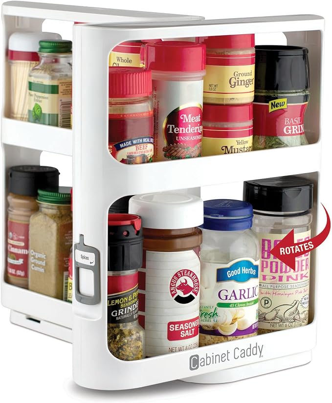 Spice Rack Organizer for Cabinet, Pull & Rotate, 2-Tier | Double-Decker Shelves, 10.8"H x 5.25"W x 10.8"D, Modular Side-By-Side, Non-Skid Feet, Stick-On Labels, Sturdy Build