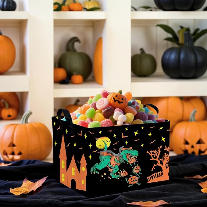 Halloween Basket Gift Cute Pumpkin Ghost Parties Decor Kid Trick or Treat Basket for Boys and Girls Rectangular Storage Bin Box (Dinosaur)
