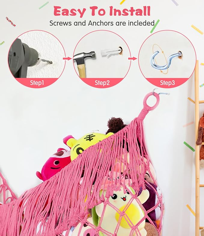Stuffed Animal Hammock - Extra Large 56'' Long (Pink) | Premium Cotton Hand-knitted, Beautiful Long Tassel, Storage Hanging Organizer, Can Fit Stuffed Animals 30 Piece or More