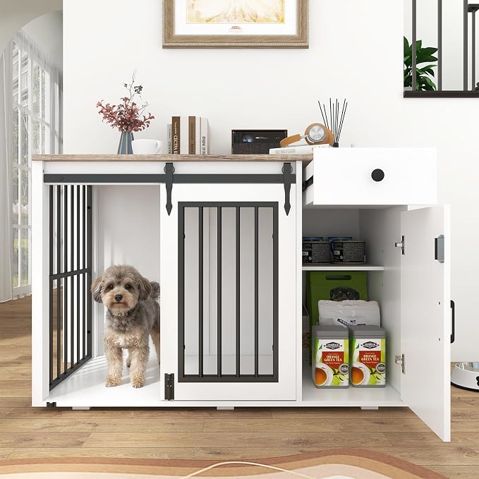 Verano Garden 44" Dog Crate Furniture, Dog Kennel (44" Right Facing Door) | 2-in-1, Lockable, Sliding Door, Removable Divider, Adjustable Shelf, Farmhouse, Heavy Duty, Small Medium Dogs, White