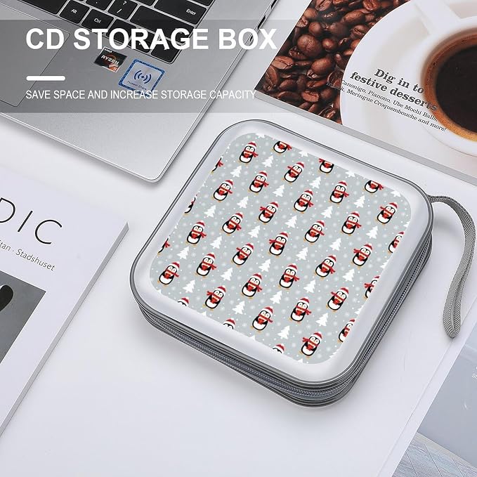 Portable 40 Capacity CD Case Christmas Penguins DVD Wallet Storage Binder | Movie Music Game Disc Collection Organizer Bag, Christmas Penguins, Hand Strap, Zipper Closure