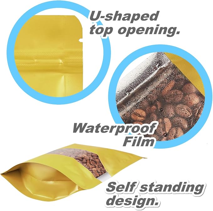 150 Pack Stand up Matte Metallic Storage Bags with Clear Front Window Heat-Sealable Resealable Solid Color Pouches for Food Storage Containers Organizer(Gold,7.9 * 11.8 inch,Pack of 150)