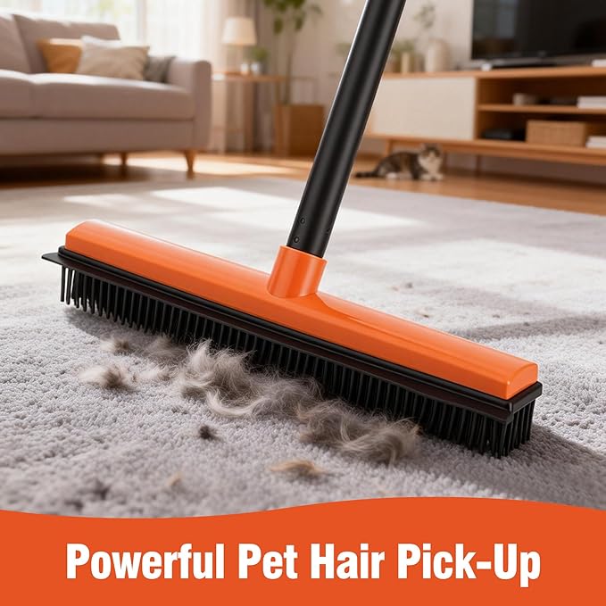 CLEANHOME Rubber Broom for Pet Hair on Carpet & Stairs, Adjustable Long Handle Rubber Broom & Squeegee, Pet Hair Remover Tool for Hardwood Tile Floors, Dog Cat Hair Broom