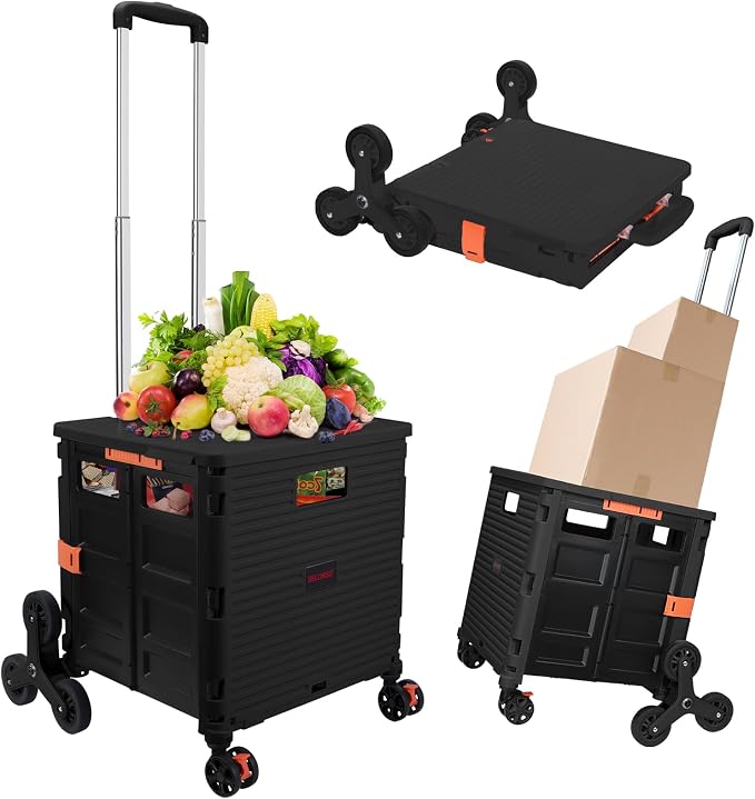 Foldable Utility Cart Collapsible Crate Rolling Carts with Stair Climbing Wheels Rolling Tote Basket Teacher Cart with Lid Wear-Resistant 360°Rotate Wheel Noiseless for Moving Office-Black