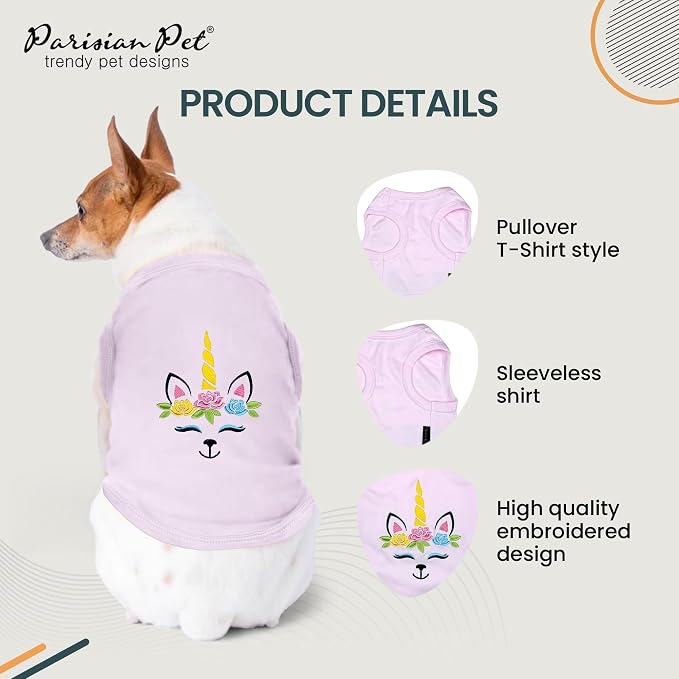 Parisian Pet Dog Shirt - 100% Cotton Unicorn Shirts for Small Dogs - Pink Sleeveless Girl Pet Clothes - Lightweight and Breathable Puppy Clothes - Stretchy Female Dog Apparel - T Shirts for Dogs