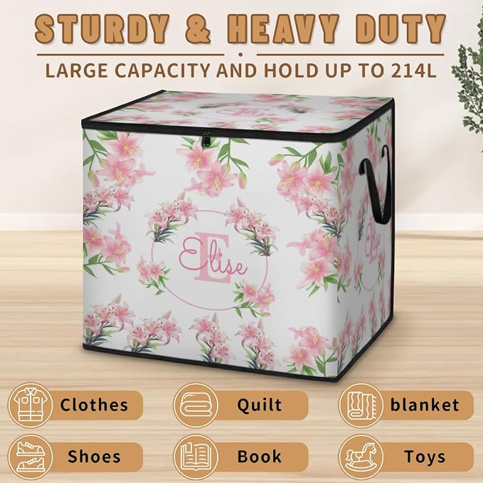 Personalized Storage Bags Large Organization Storage Containers for Comforters, Bedding, Blanket Foldable Organizer with Reinforced Handle, Pink Lily Floral