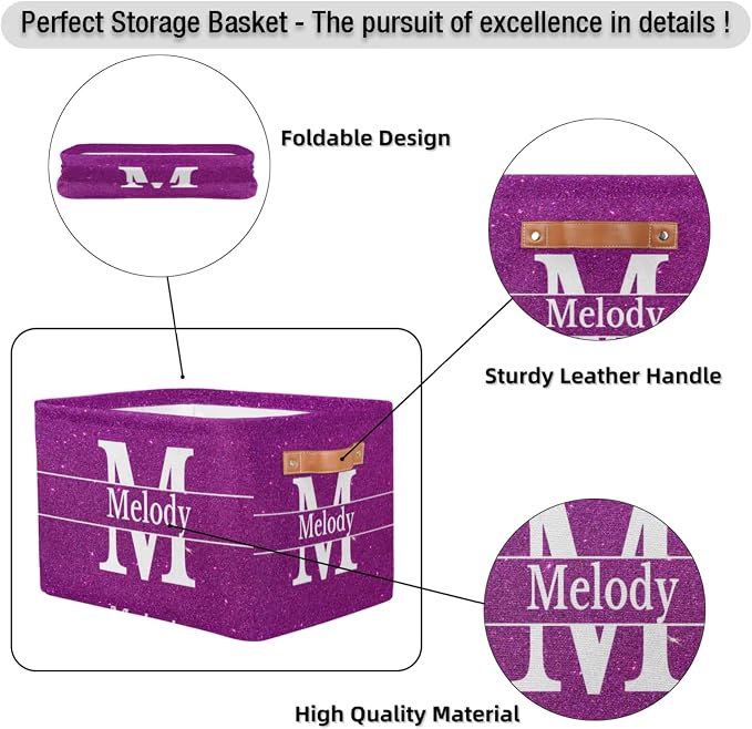 Custom Initial Letter Storage Basket, Dark Magenta Purple Glittering