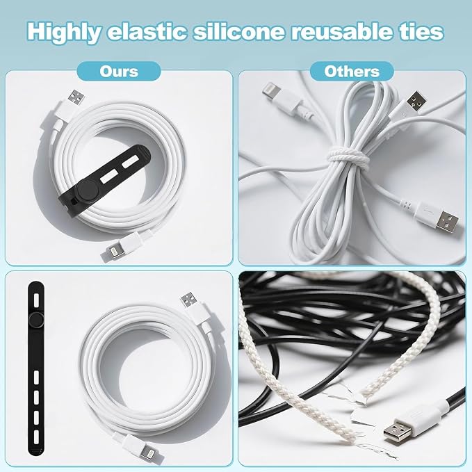 15 Pcs Silicone Cable Ties, Reusable Cord Organizers for Charger Cables, Hair Dryer, Home Office Desk, Flexible Cord Wraps for Electrical Wires Management