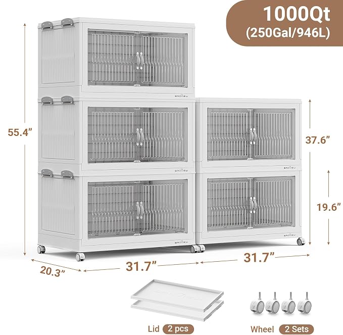 BROVIEW 1000QT Extra Large Stackable Storage Bins with Lids, 5Pack White | 250Gal Plastic Collapsible Cabinets Containers, Wheels & PET Doors, Foldable Closet Organizers Drawers for Office, Dorm