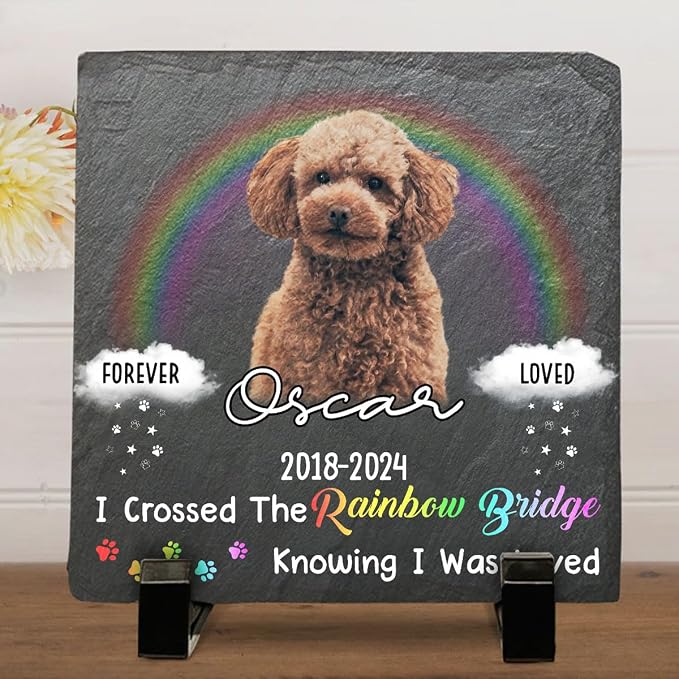 Wrappiness Pet Memorial Stone - I Crossed The Rainbow Bridge, Personalized Dog Memorial Gifts, Remembrance Condolences Bereavement Gifts for Loss of Pet Custom Photo (Square 04, Stone with Stand)