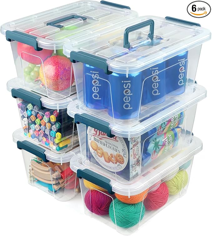 NUMIFUN Plastic Storage Bins with Lids 6 Pack, 7 Quart Storage Containers with Black Buckle Latch, Stackable Storage Containers for Home Pantry Office Classroom Organization, White