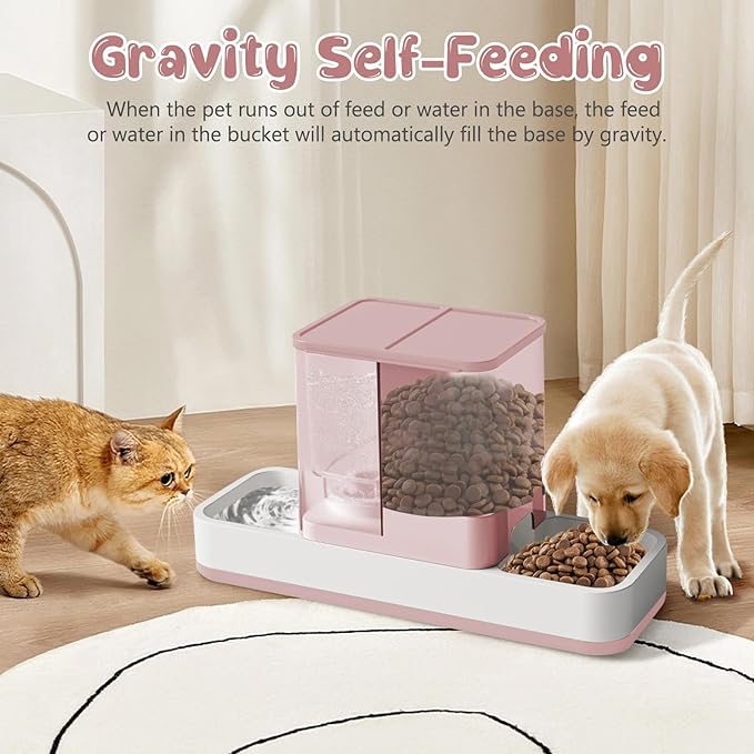 GearRoot Automatic Cat Feeder and Water Dispenser, 2 in 1 Gravity Pet Food Feeder and Water Dispenser Detachable Cat Food Dispenser for Small Dogs and Cats, Pink