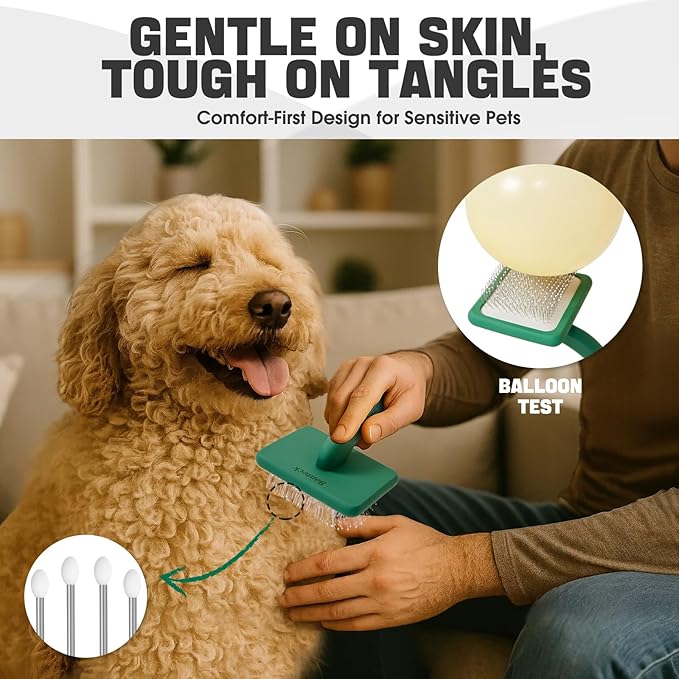 Bonteck Dog Slicker Brush for Dogs Grooming Kit 4PCS | Large Dog Brush for Goldendoodles Poodles Doodles | Long Pin Haired Brush | Poodle Brushes and Comb (Green)