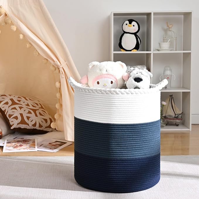 Laundry Hamper for Organizing, 52L Large Laundry Baskets, Cotton Rope Woven Blanket Basket, Collapsible Laundry Hamper for Living Room, Nursery, 15"×18", Dark Blue