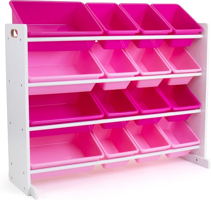 Humble Crew Supersized Toy Storage Organizer with 16 Removable Bins, White/Pink – Large Toy Storage for Toddlers Ideal for Kids' Rooms, Playrooms, and Nurseries - Modern Toy Bins for Kids