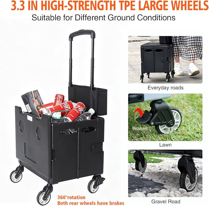 Foldable Utility Cart Portable Rolling Crate Handcart Shopping Trolley Collapsible Rolling Crate cart Tool Box, with Lid, Pull carts on Wheels, for Grocery, Shopping, Office, Teacher